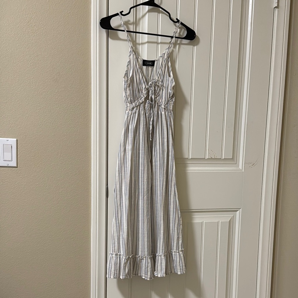 Cider Blue and Tan Striped Linen Sundress with Tie-Front Detail and Ruffled Hem
